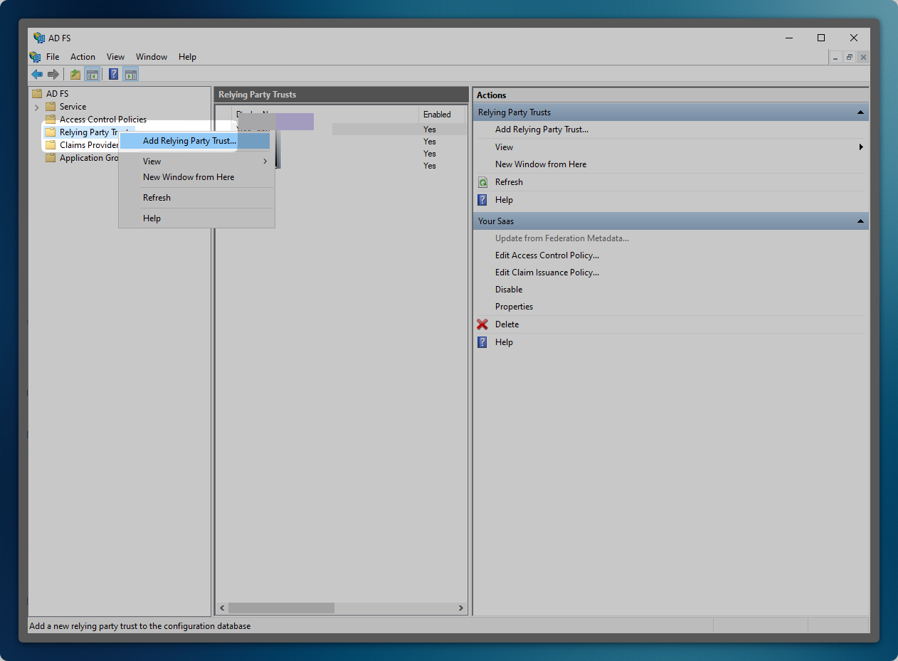 AD FS Management Console with the Add Relying Party Trust option selected