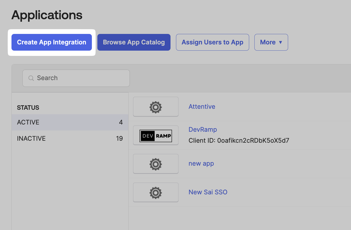 Okta Applications page with the Create App Integration button highlighted
