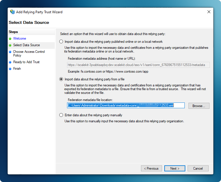 Select Data Source step in the Add Relying Party Trust Wizard with the metadata file import option selected