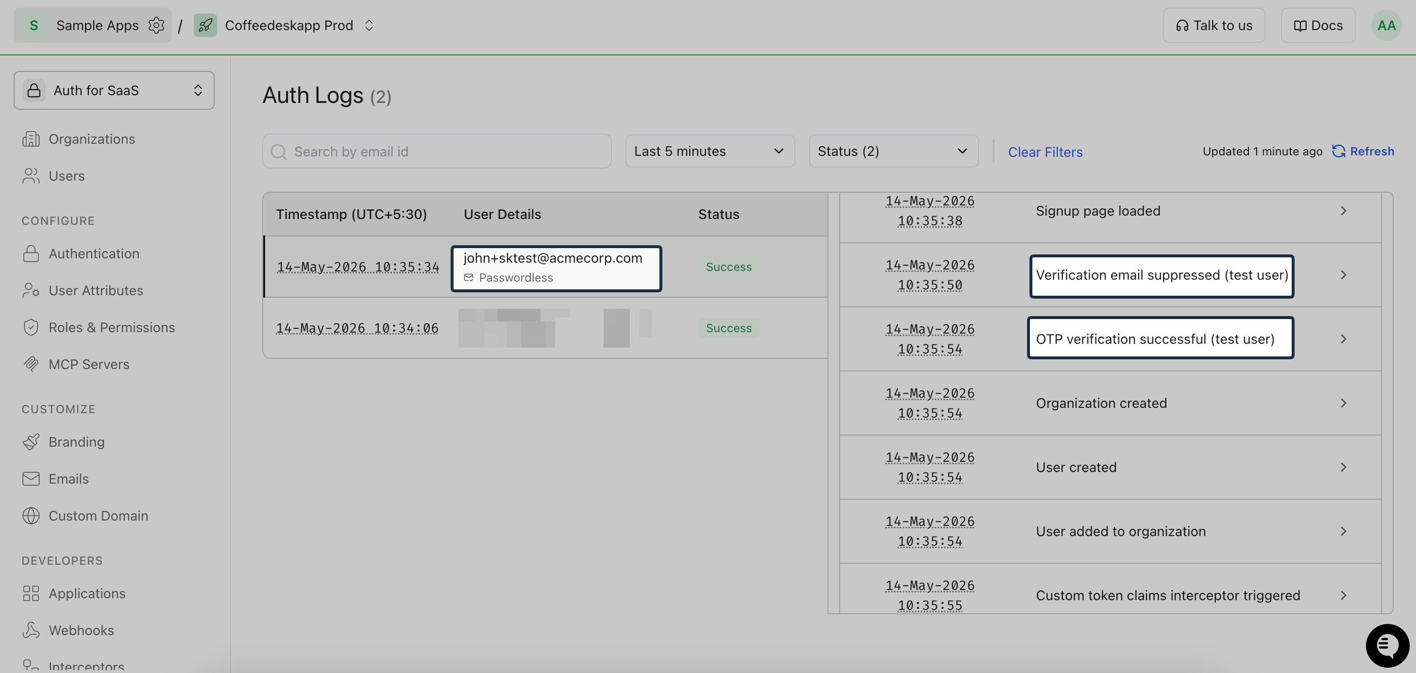 Auth logs for test users in signup flow