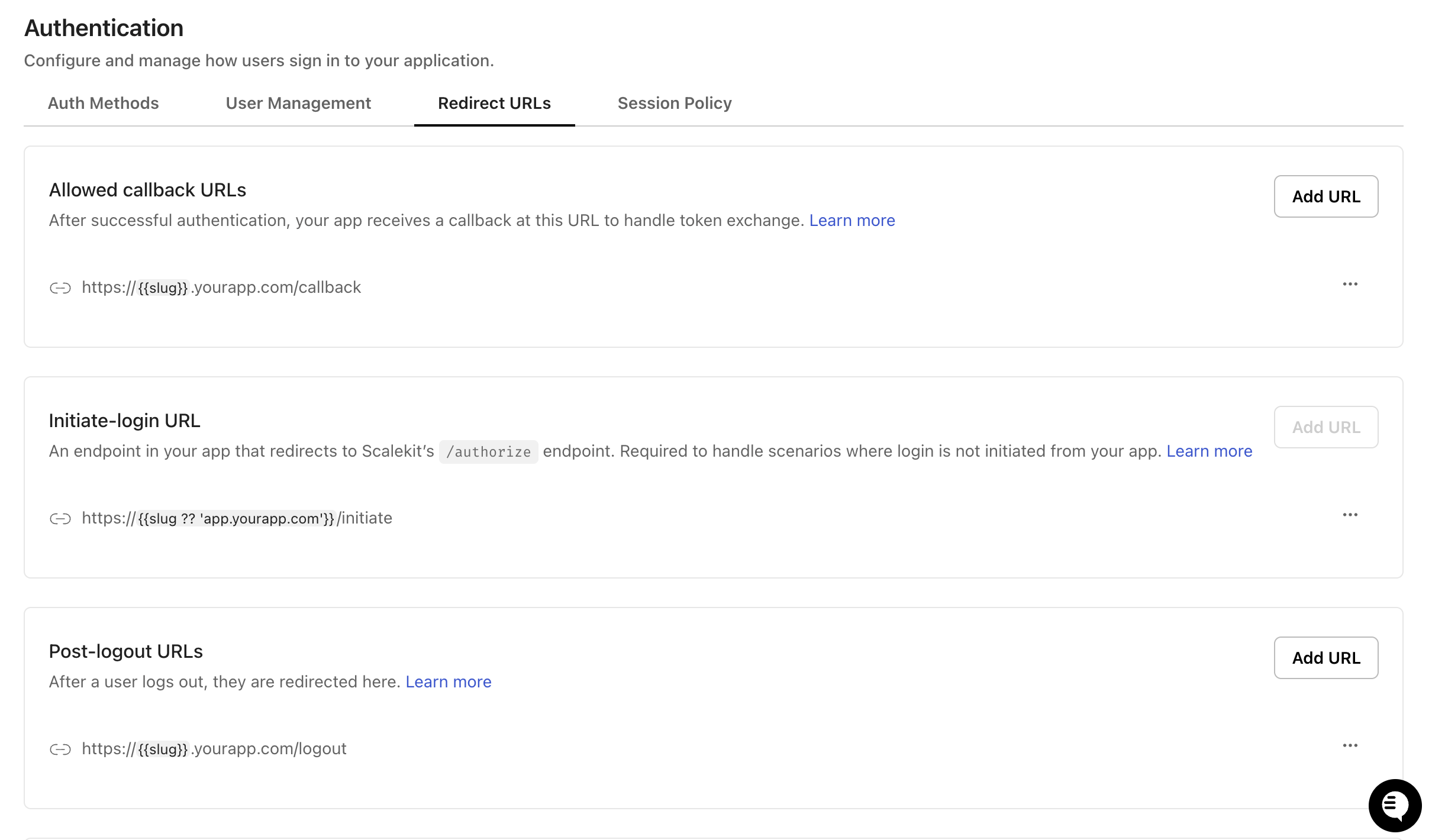 Scalekit Redirect URLs settings showing allowed callback, initiate-login, and post-logout URLs using templated organization slug patterns