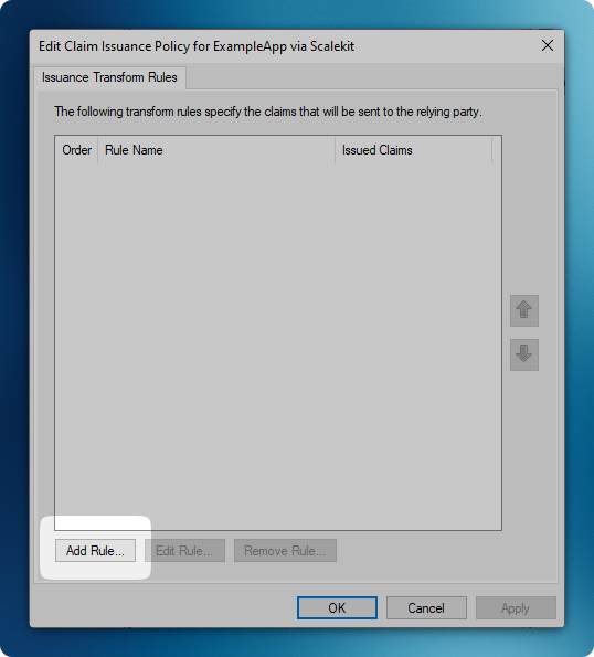 Edit Claim Issuance Policy dialog with the Add Rule button highlighted