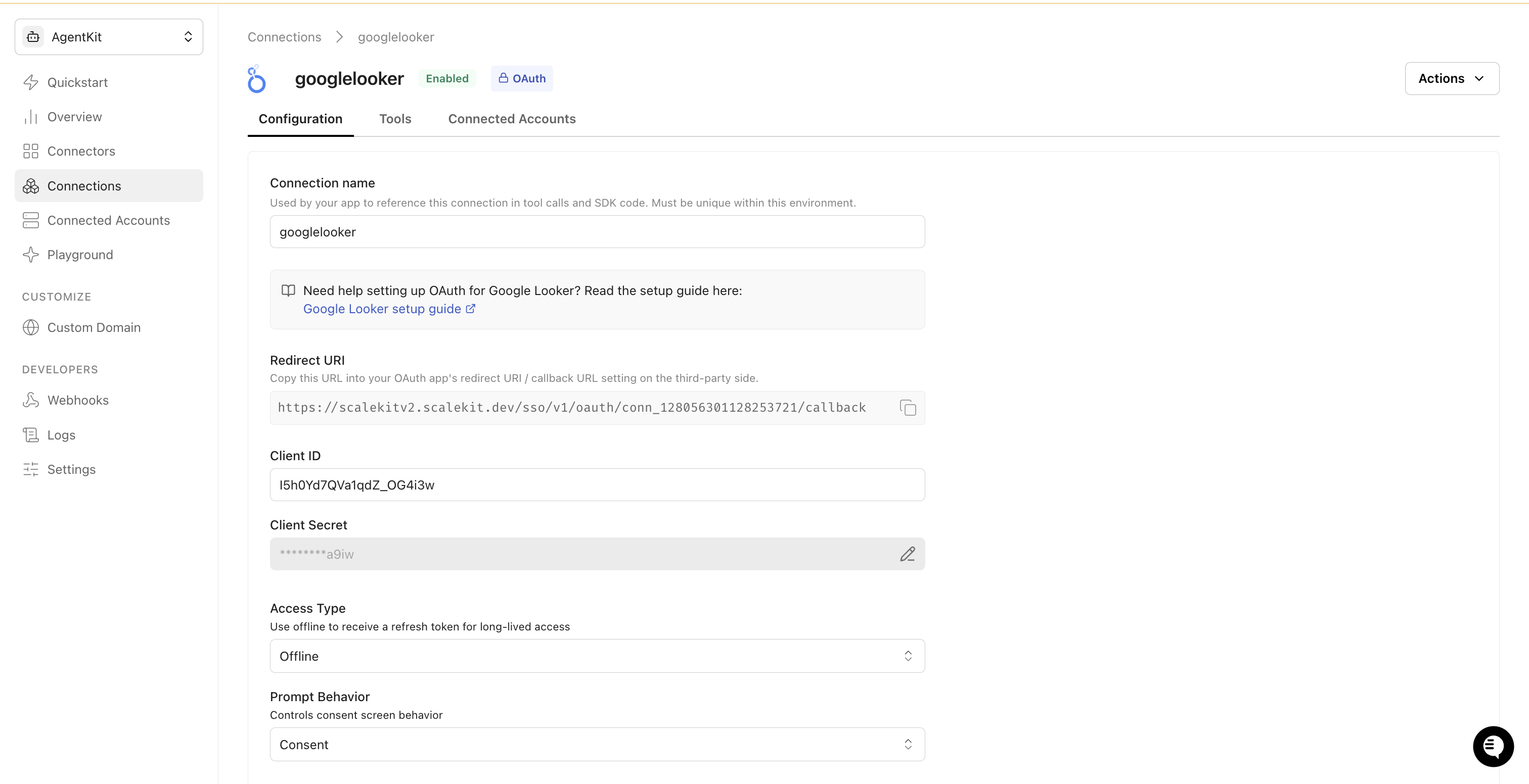 Google Looker connection configuration in Scalekit