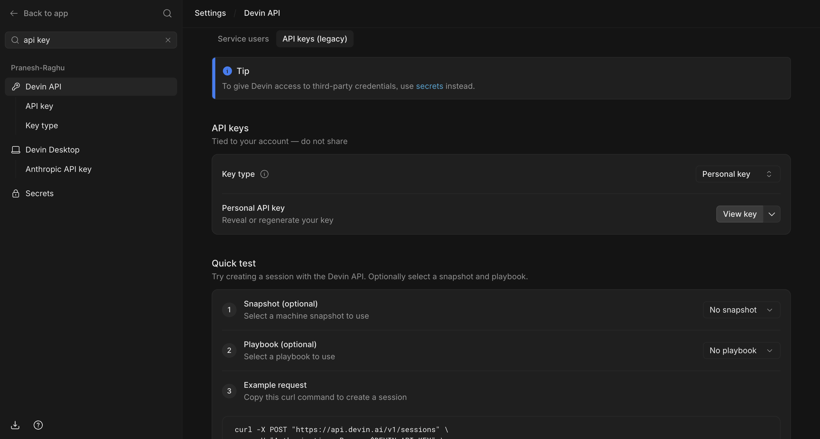 Devin Settings → Devin API page showing the Personal API key with a View key button