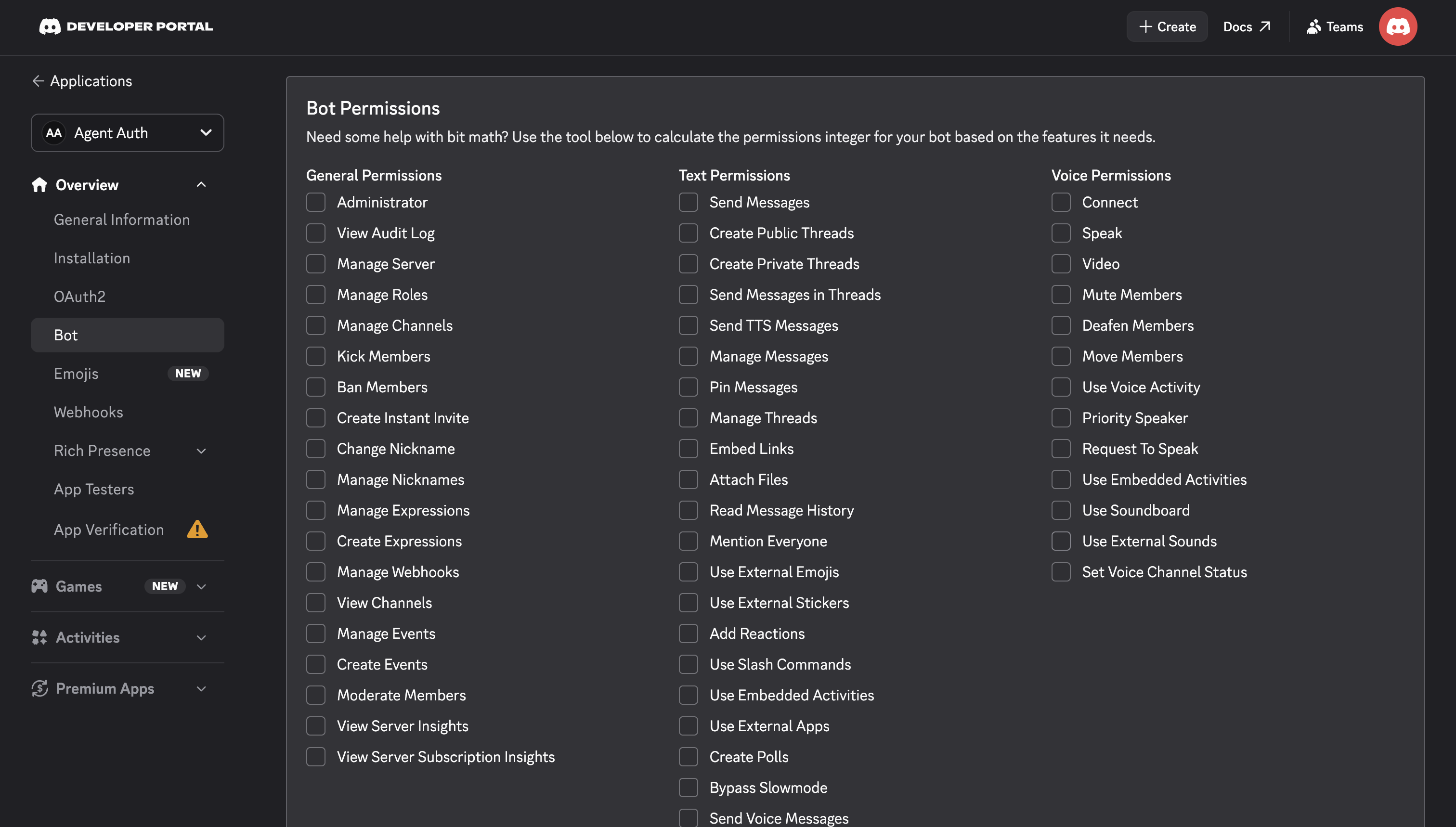 Discord Bot Permissions page showing General, Text, and Voice permission checkboxes