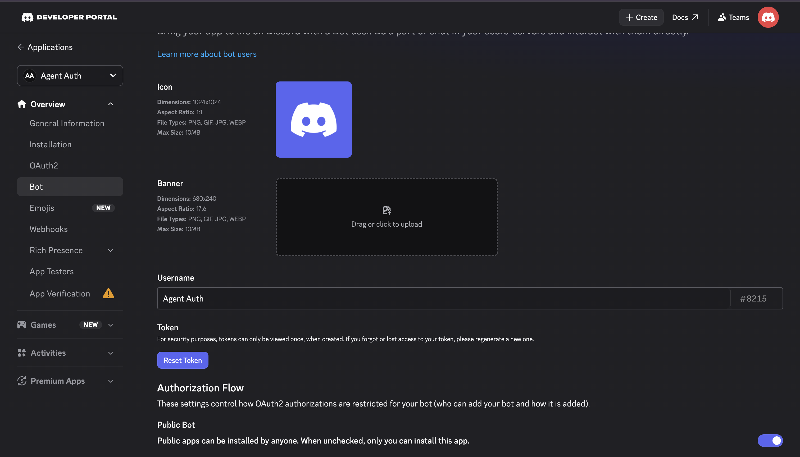 Discord application Bot page showing the Username, Token, and Authorization Flow settings