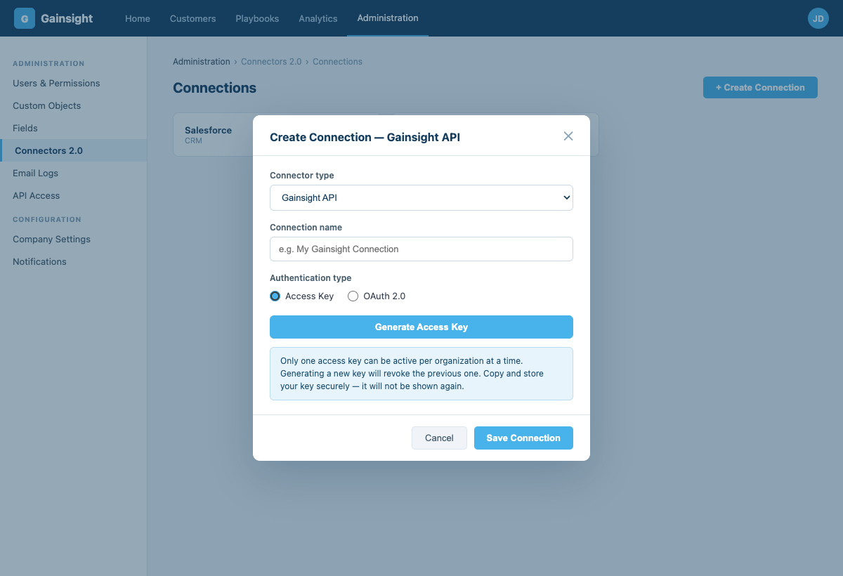 Gainsight Create Connection modal showing the Gainsight API connector type selected, a connection name field, Access Key authentication type selected, and the Generate Access Key button