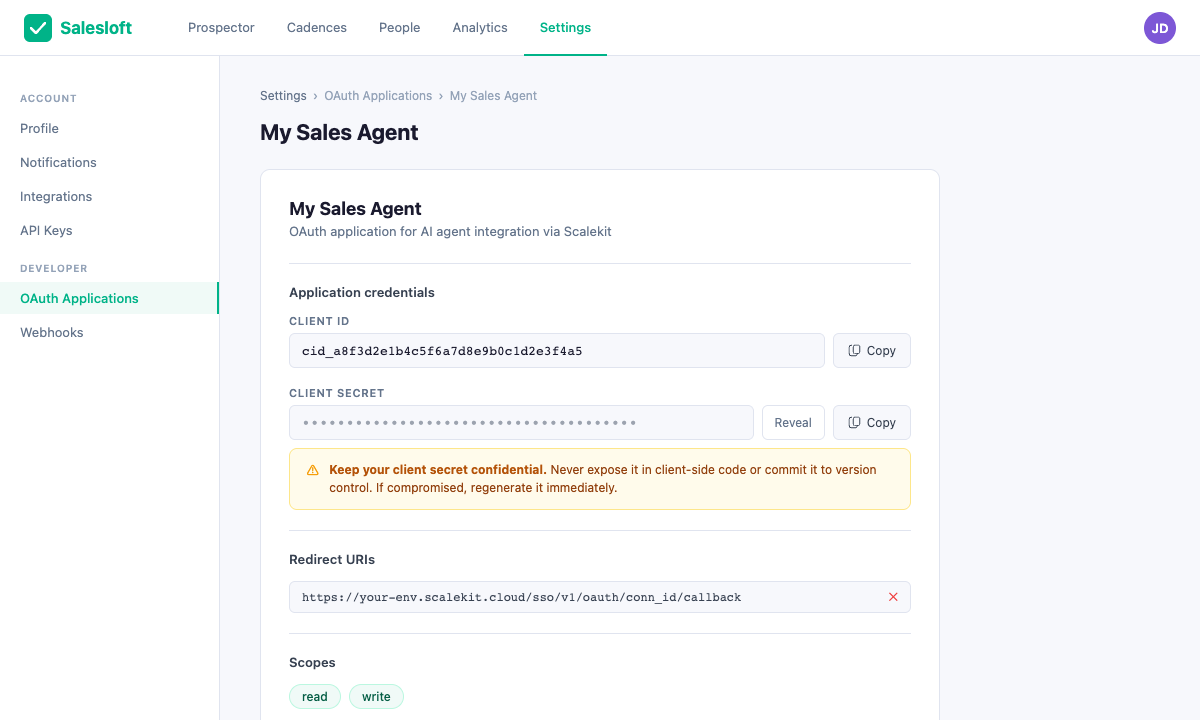 Salesloft OAuth application detail page showing the Client ID and Client Secret fields with Copy buttons