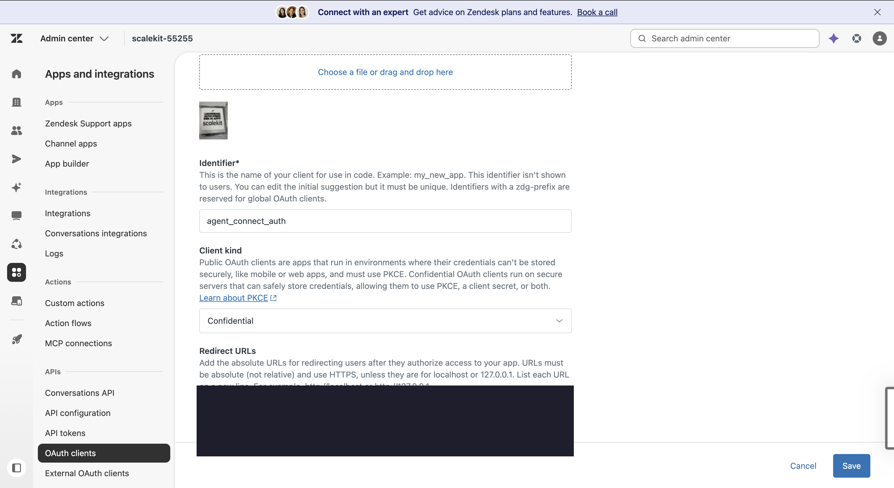 Zendesk OAuth client form showing the Identifier field set to agent_connect_auth, Client kind set to Confidential, and Redirect URLs field
