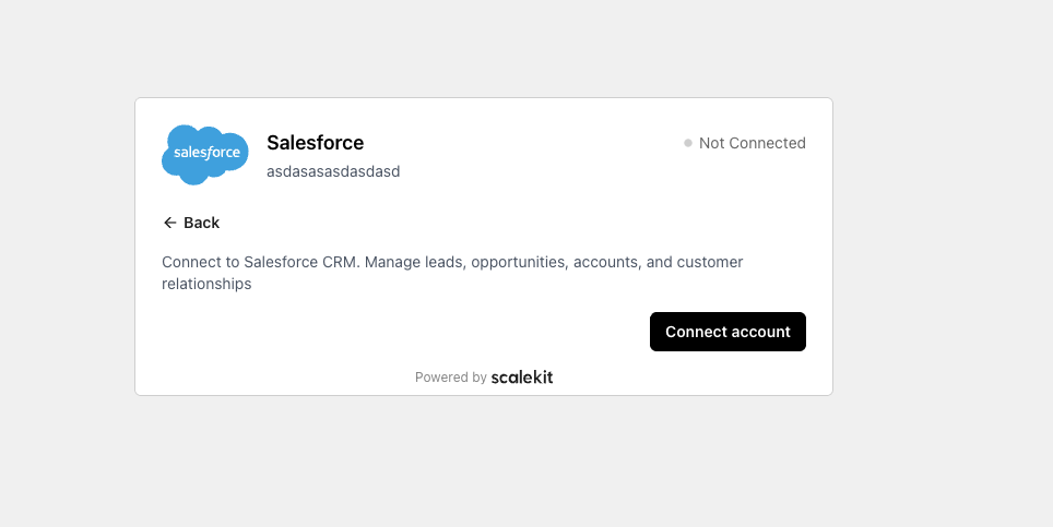 Scalekit magic link — Salesforce connector page showing the "Connect account" button to complete OAuth
