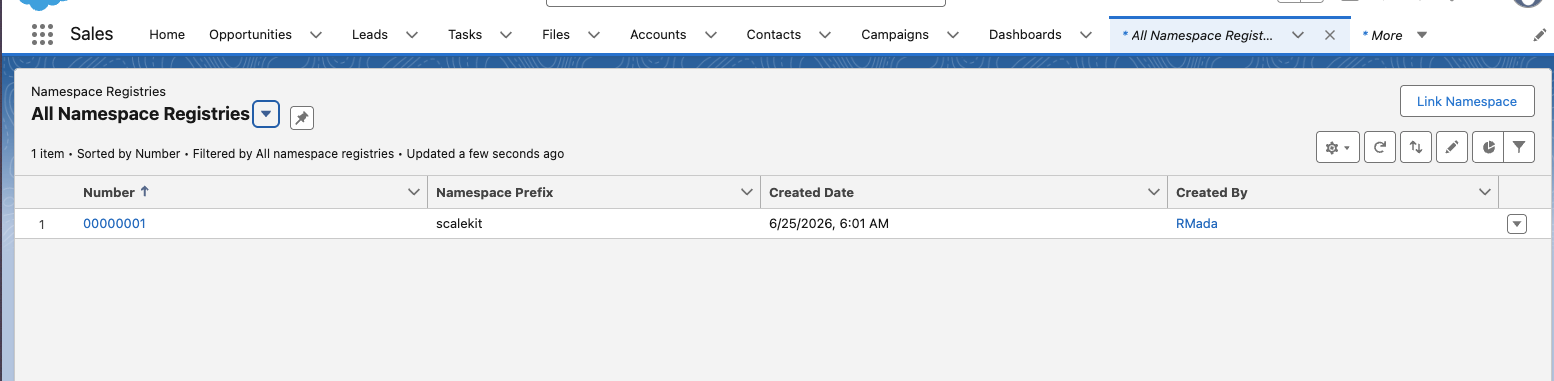 Namespace Registries page showing the linked namespace in the list