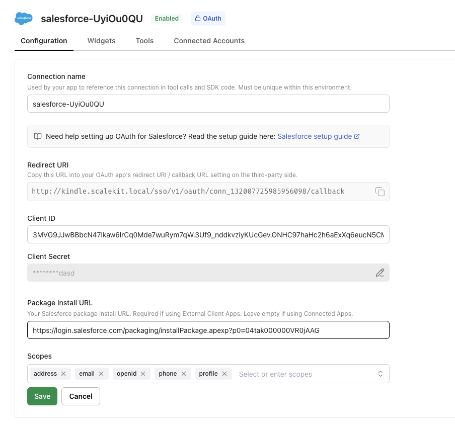 Scalekit dashboard — credentials form showing Client ID, Client Secret, and Package Install URL fields