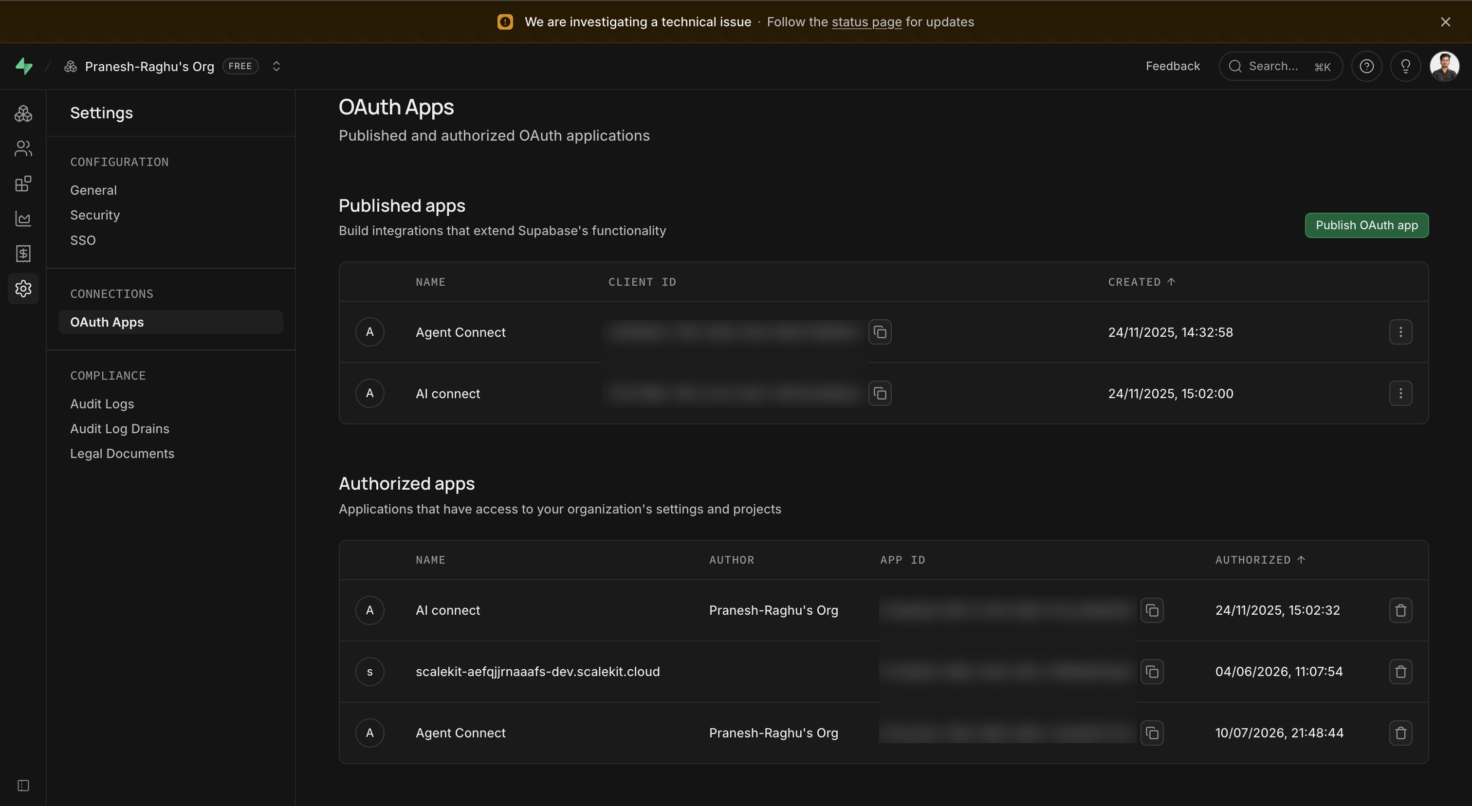 Supabase OAuth Apps page showing Published apps and Authorized apps tables