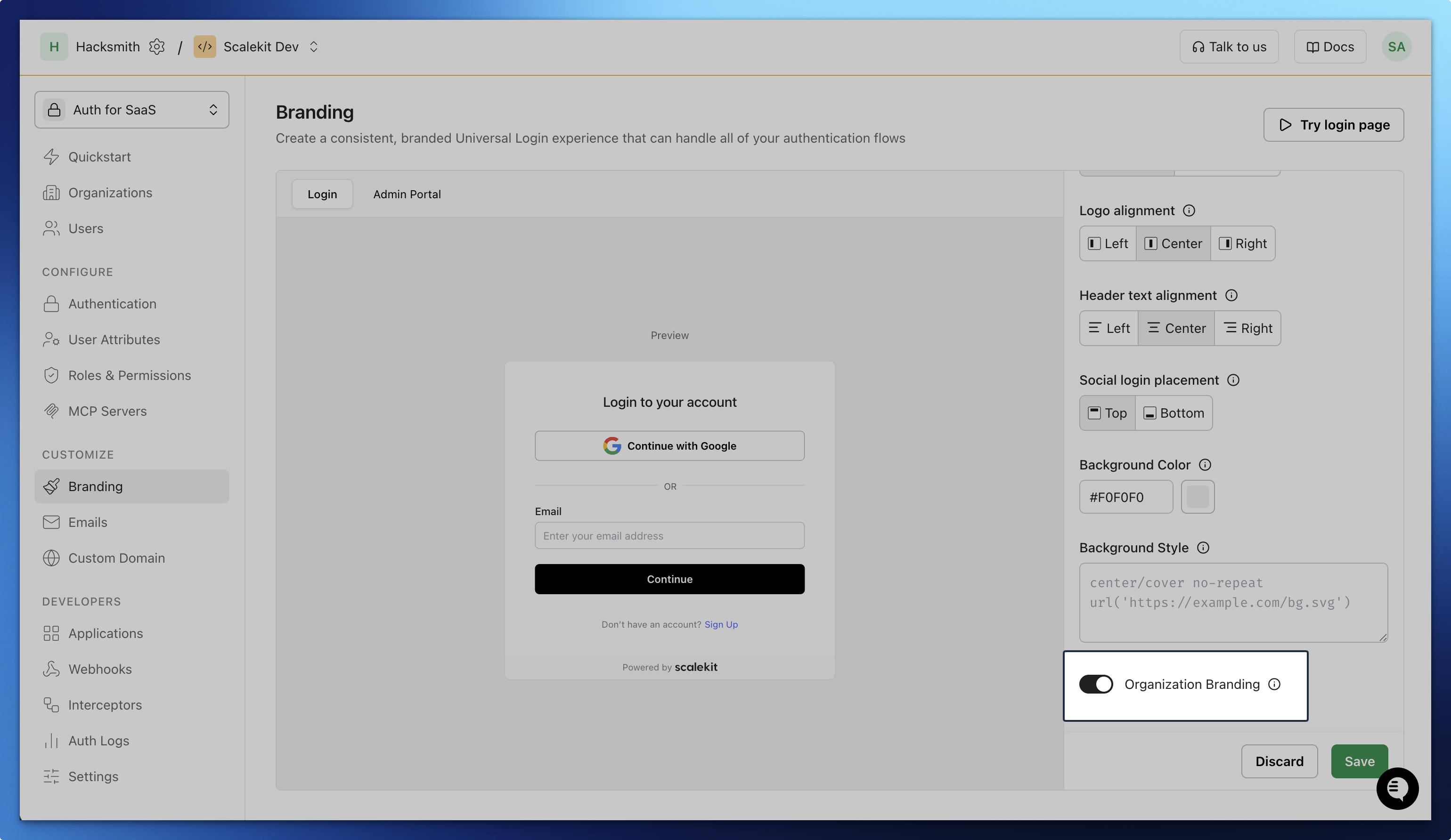 Scalekit Branding settings page with the Organization Branding toggle