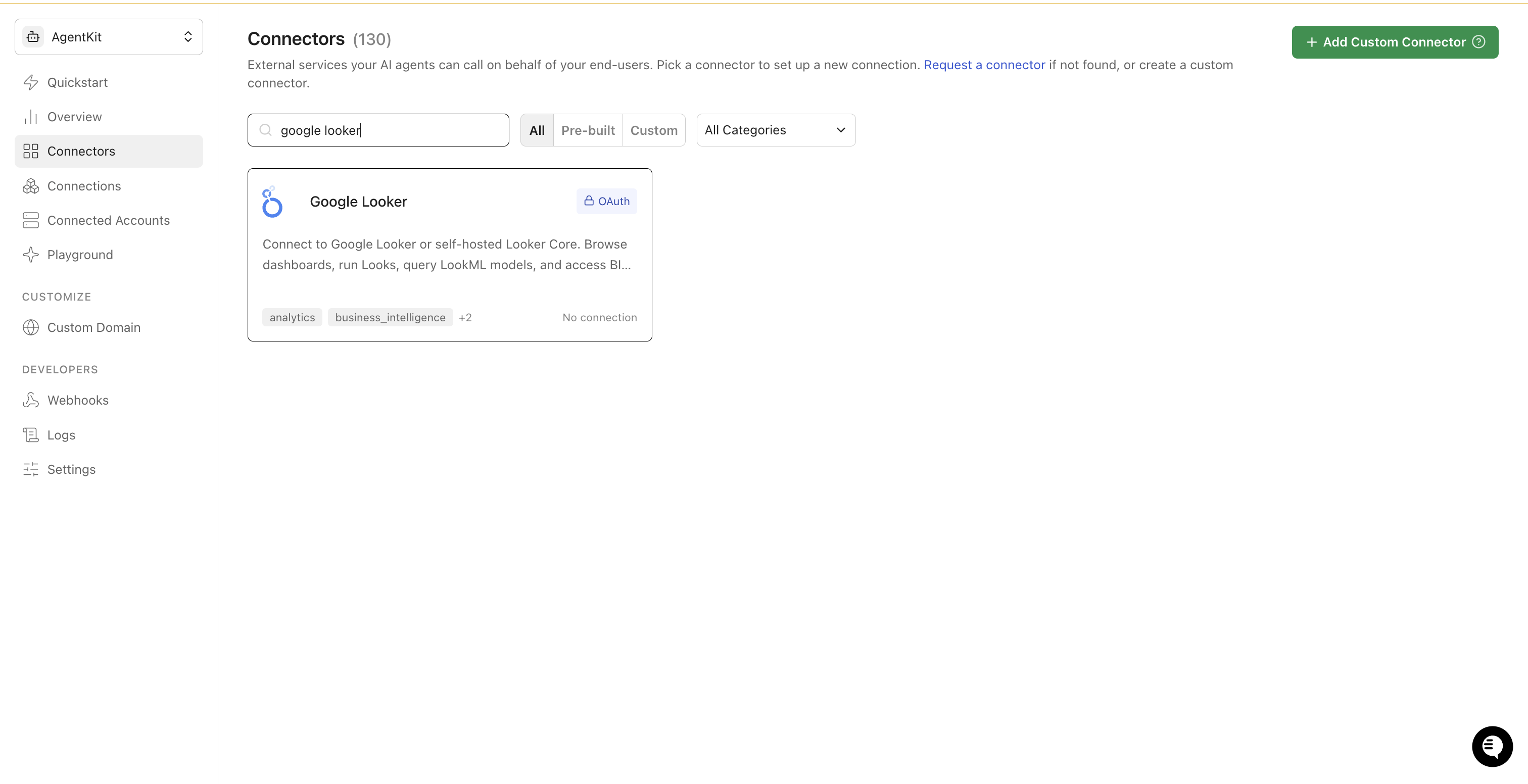 Google Looker connector search in Scalekit dashboard