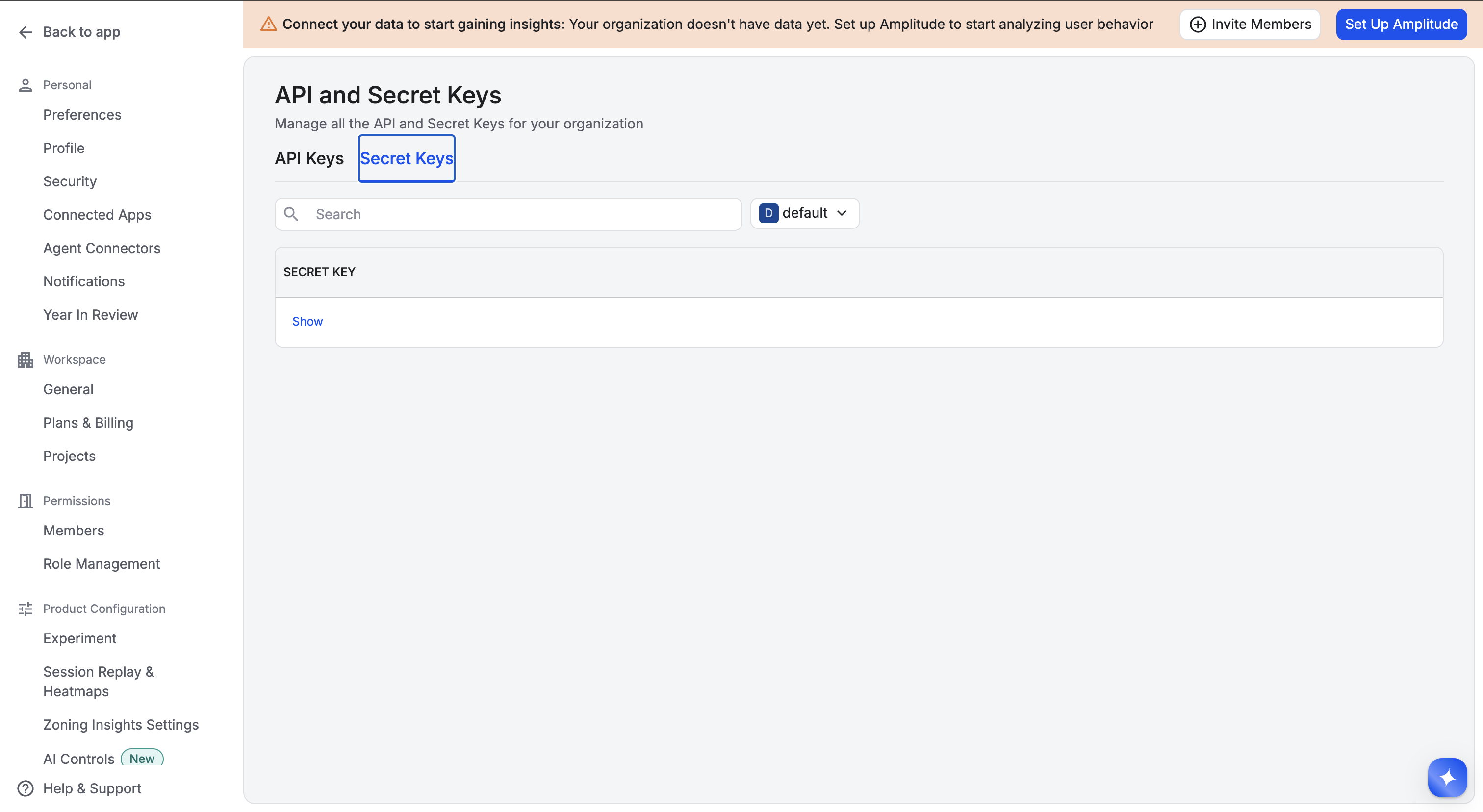Amplitude API and Secret Keys page showing the Secret Keys tab with a hidden secret key