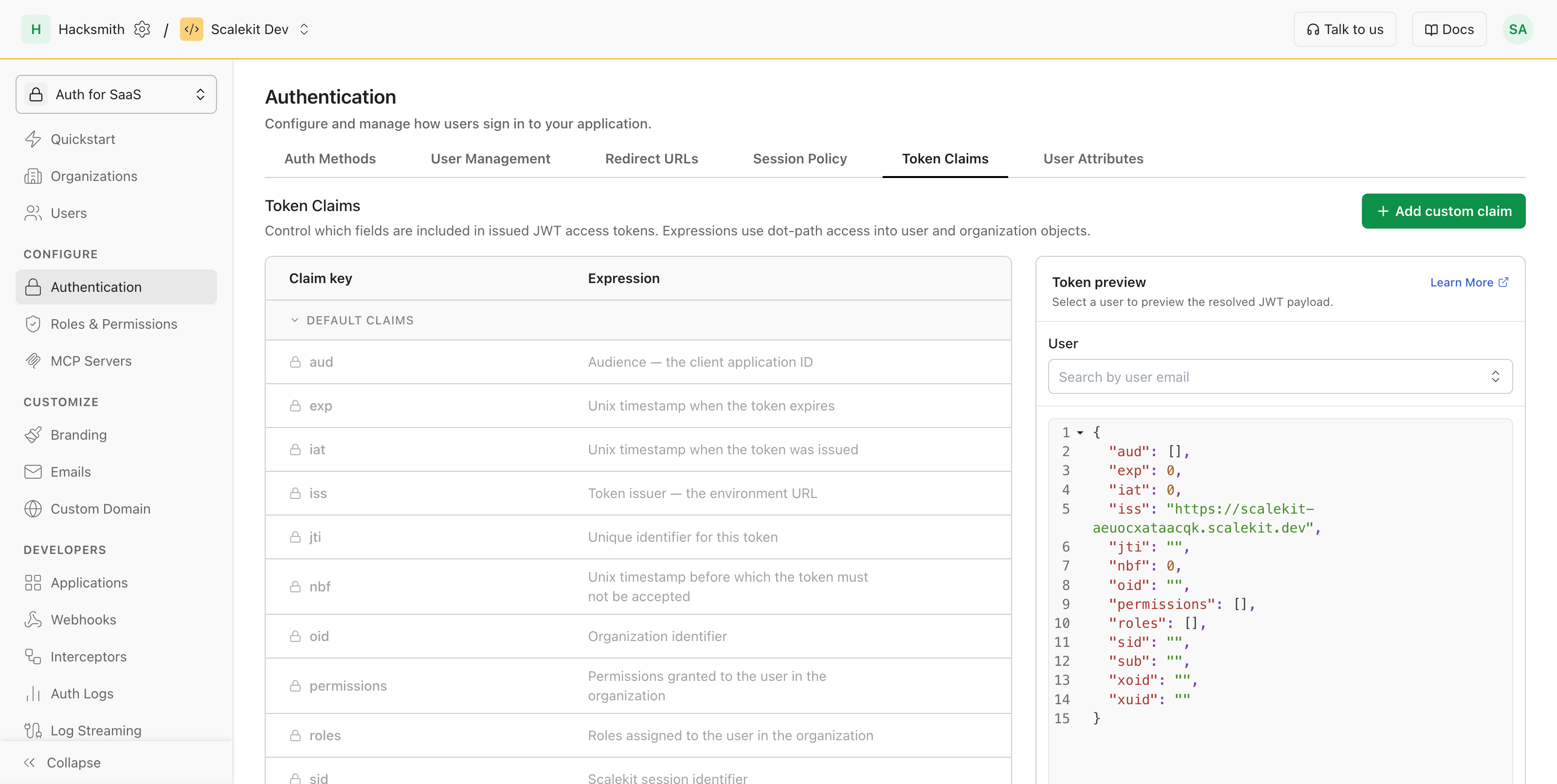 Token Claims page with a user and an organization selected, showing the resolved JWT payload in the preview panel.