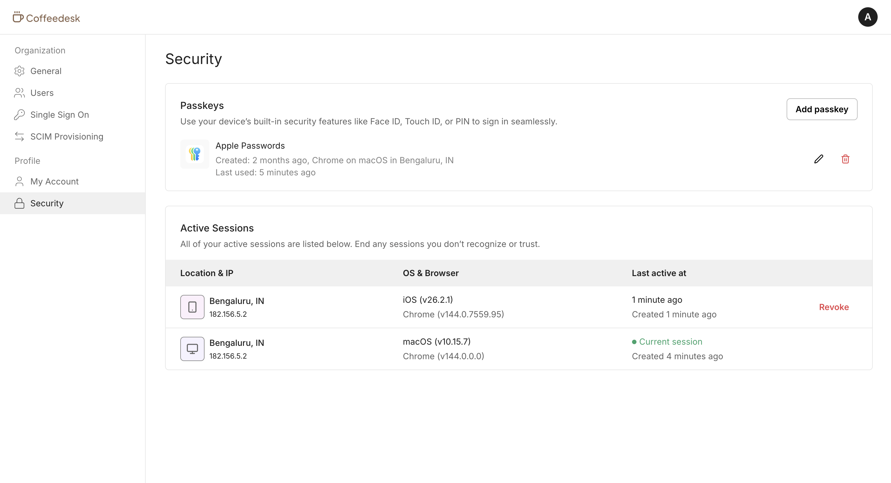 User security widget showing a registered passkey and a list of active sessions with options to revoke them